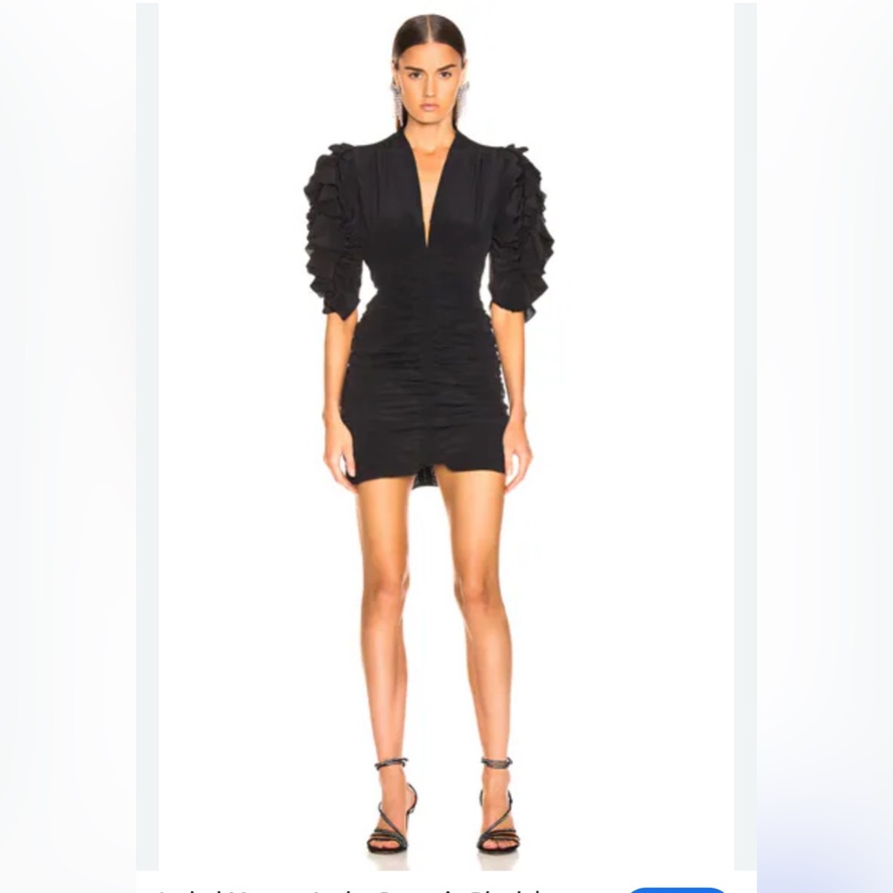Isabel Marant Black Ruched‎ Puff Sleeve Mini Dress